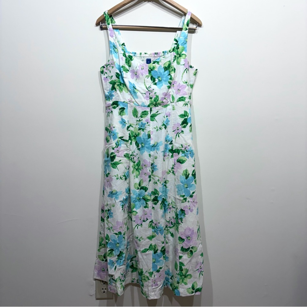 Old Navy Womens Linen Blend Floral Midi Sundress White Blue Cottagecore Size M